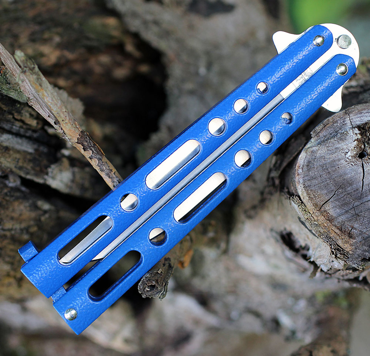Bear & Son 117BL Butterfly Knife, 4" Stainless Plain Blade, Blue Metal Alloy Handle