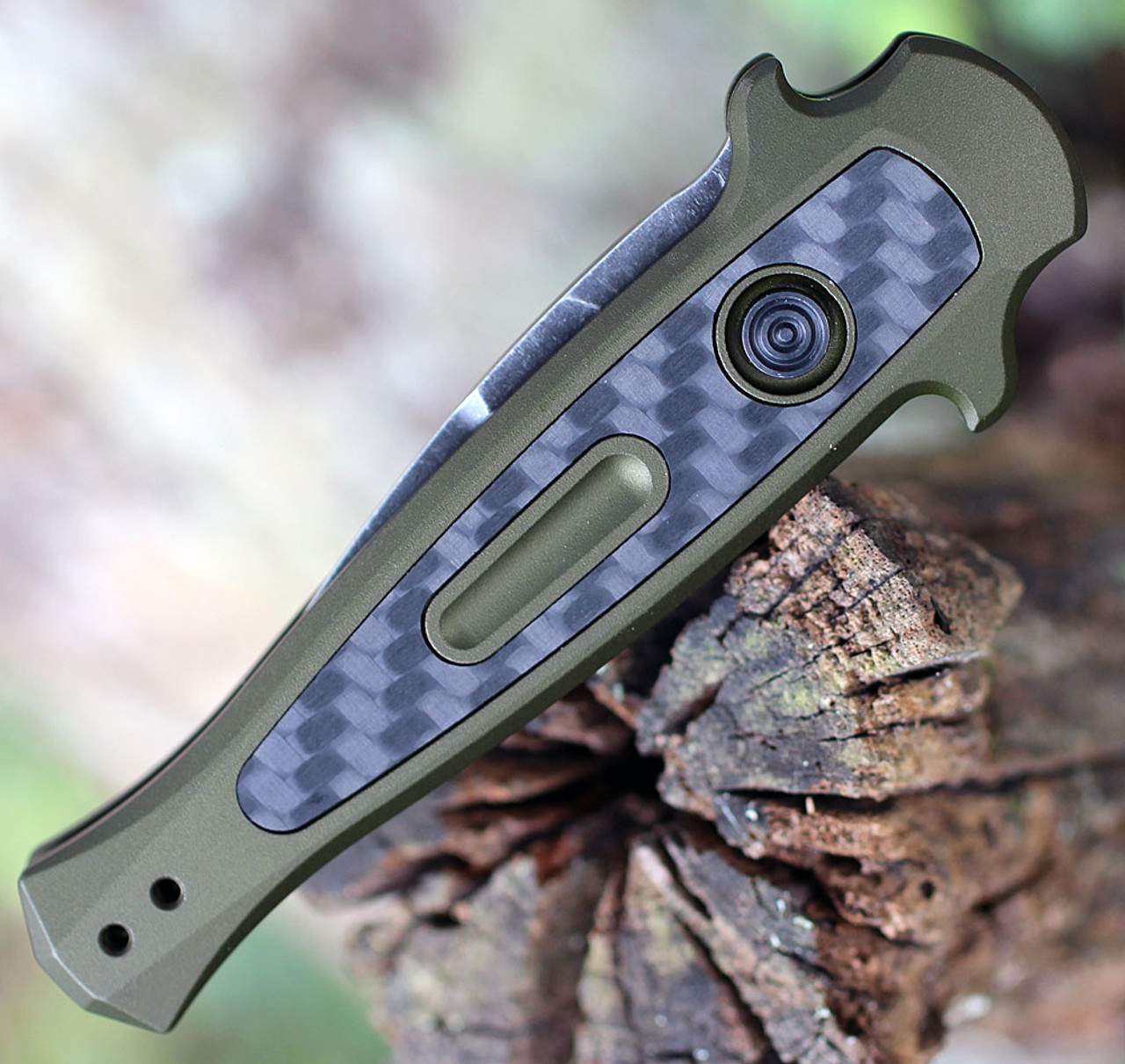Kershaw Launch 12 CA Legal Automatic Knife (7130OLBW)- 1.90" Blackwashed CPM-154 Spear Point Blade, OD Green Aluminum w/ Carbon Fiber Inlay