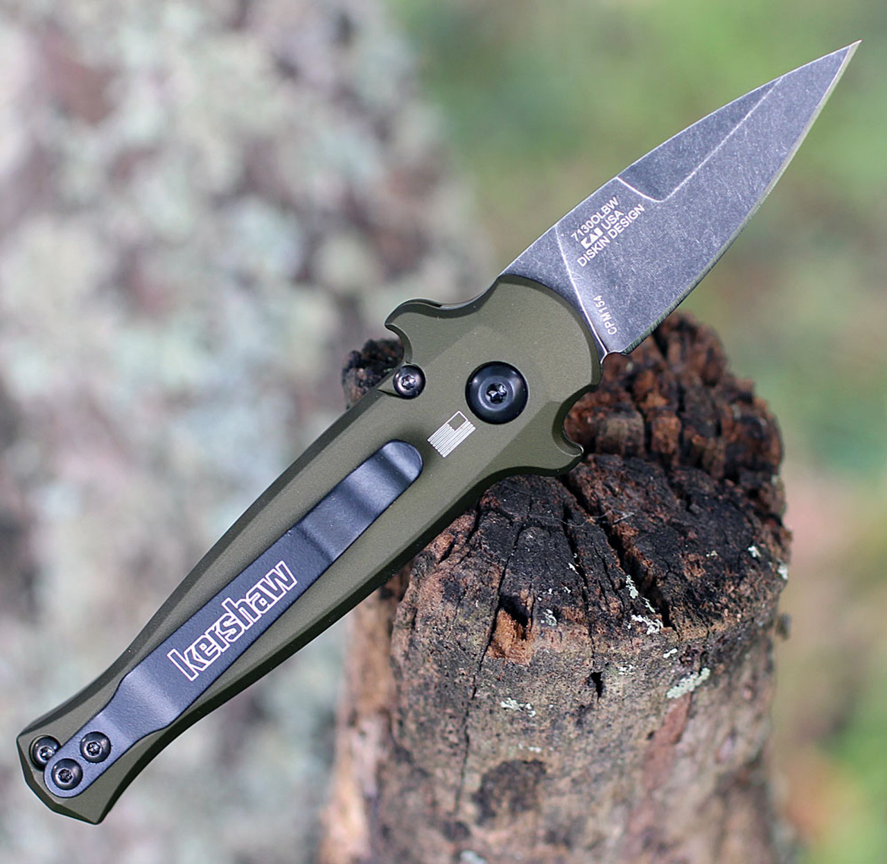 Kershaw Launch 12 CA Legal Automatic Knife (7130OLBW)- 1.90" Blackwashed CPM-154 Spear Point Blade, OD Green Aluminum w/ Carbon Fiber Inlay