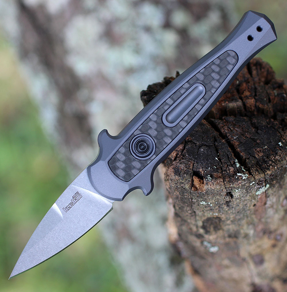 Kershaw Launch 12 CA 7130GRYSW automatic knife profile view showing 1.9 inch stonewashed spear point blade and gray handle.