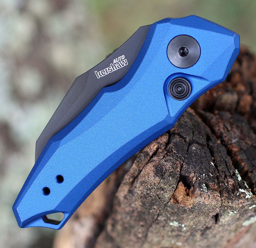 Kershaw 7350BLUBLK Launch 10 highlighting the blue aluminum handle scales and bullseye firing button.