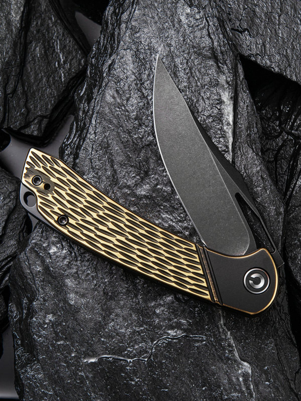 CIVIVI Dogma Folding Knife (C2014E)- 3.46" Blackwash D2 Clip Point Blade, Black Polished Brass Handle