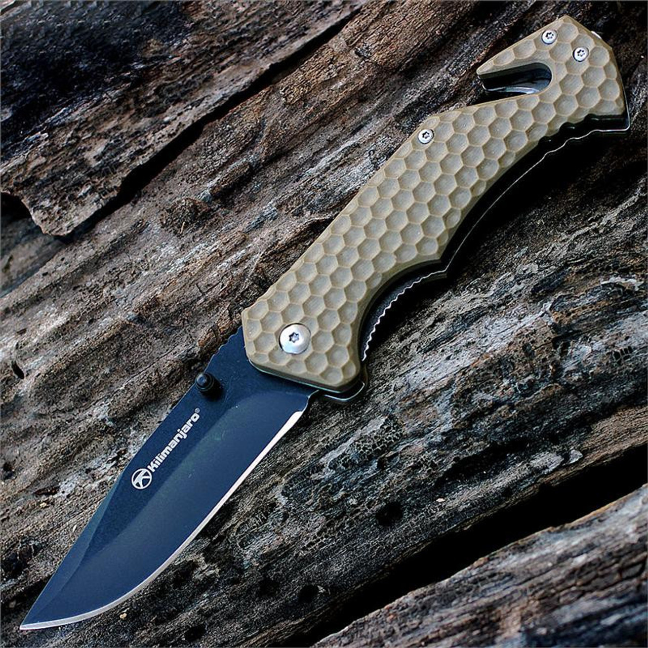 Kilimanjaro, 910032, UTAC folder, 3.5 in. Drop Point Black Satin Blade, Tan Handle