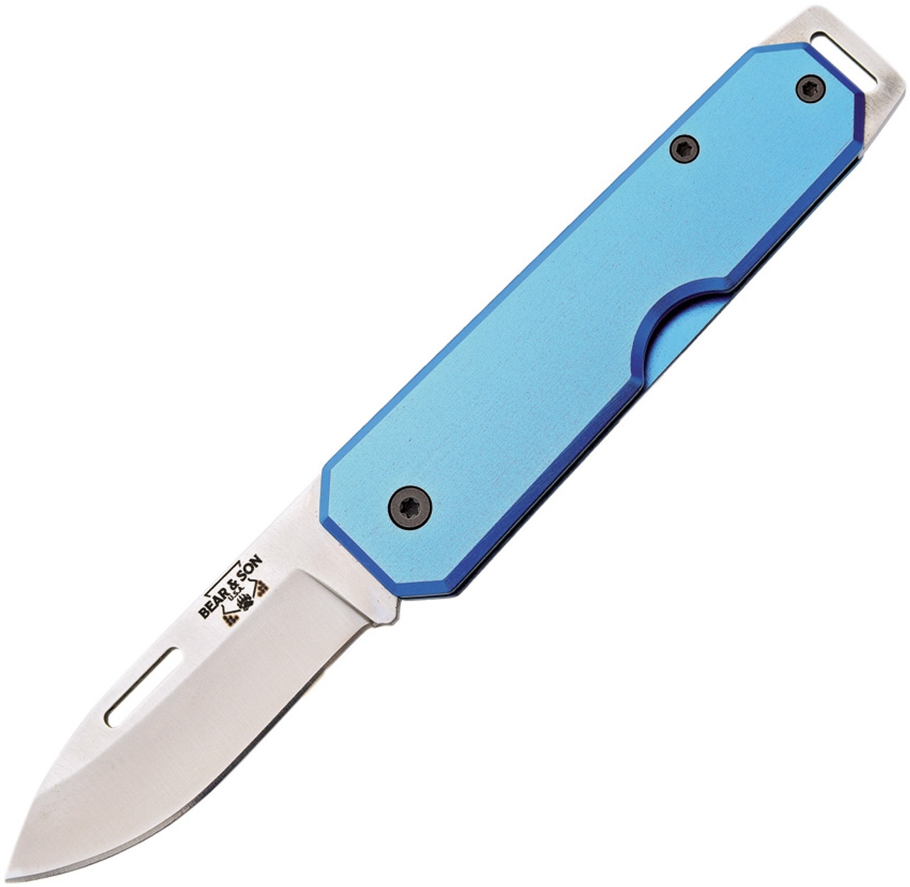 Bear & Son Large Slip Joint (BC110BL) 2.375" High Carbon Steel Satin Drop Point Plain Blade, Blue Aluminum Handle