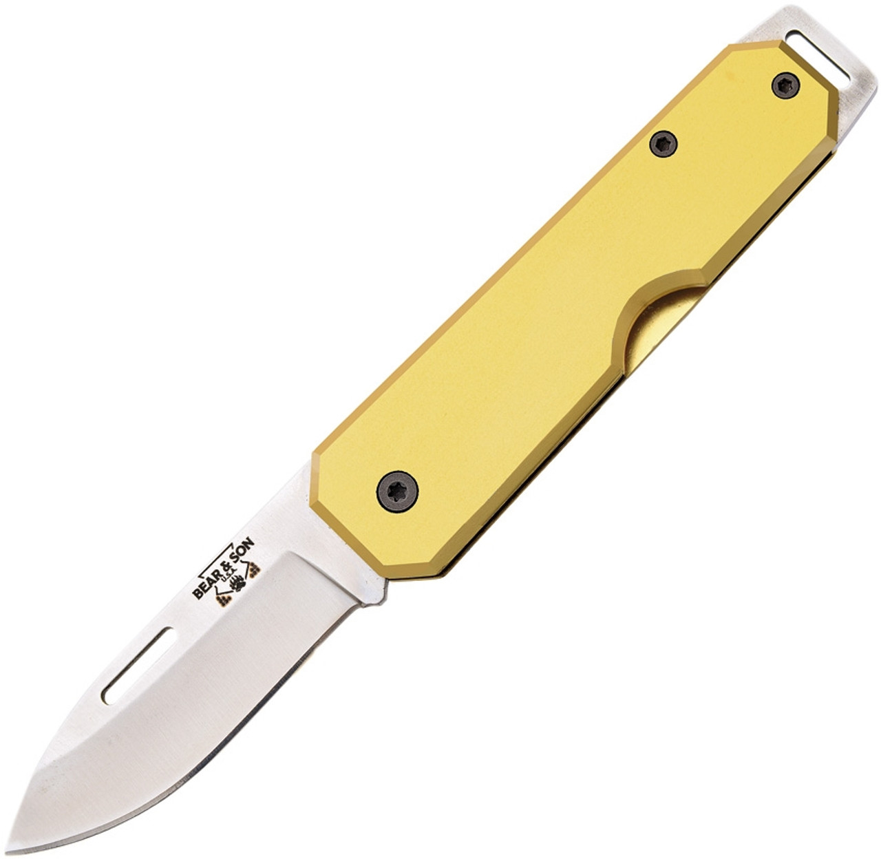 Bear & Son Large Slip Joint (BC110YW) 2.4" High Carbon Steel Satin Drop Point Plain Blade, Yellow Aluminum Handle
