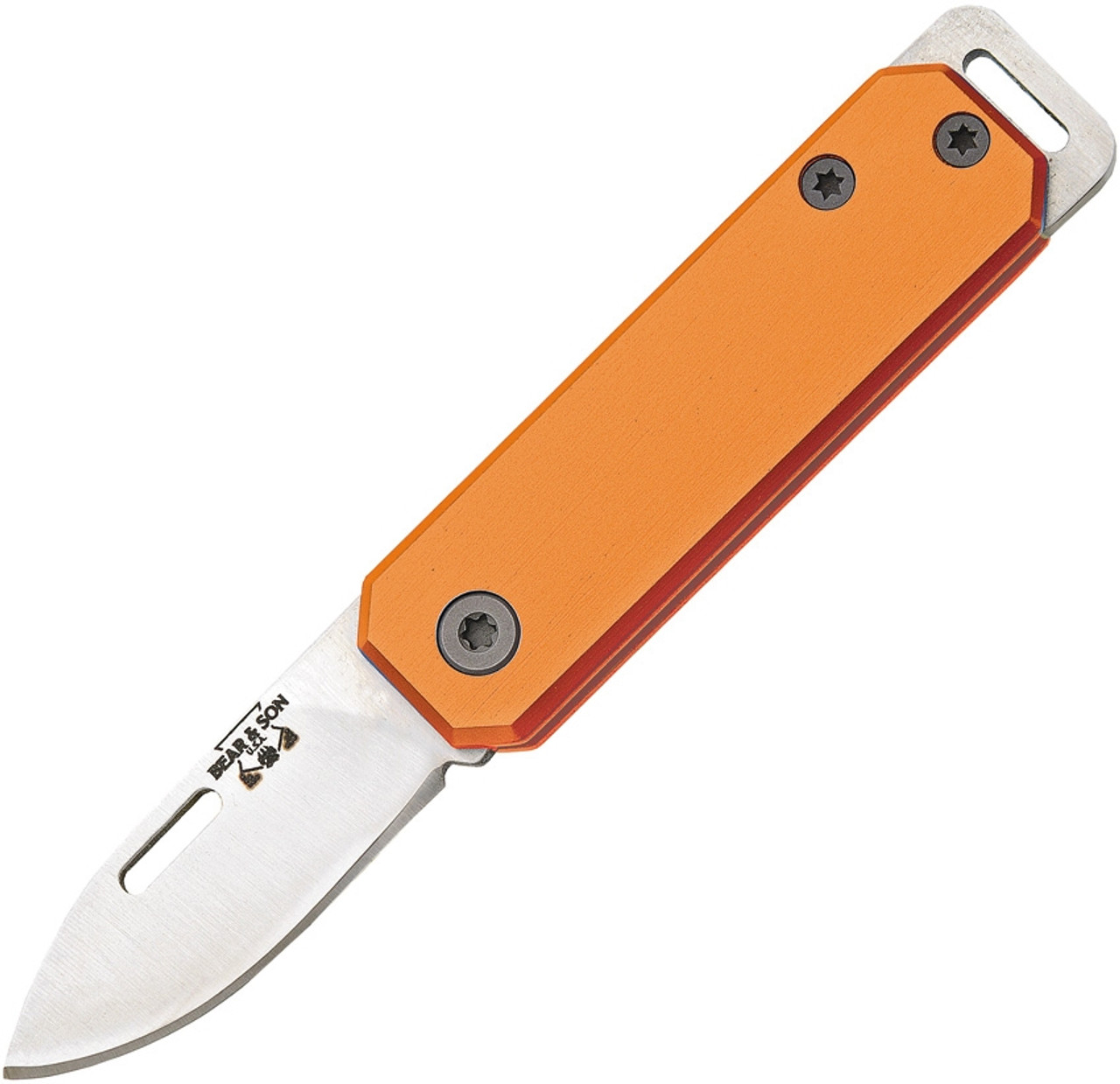 Bear and Son Small Slip Joint Orange (BC109OR) 1.5" High Carbon Steel Satin Drop Point Plain Blade, Orange Aluminum Handle