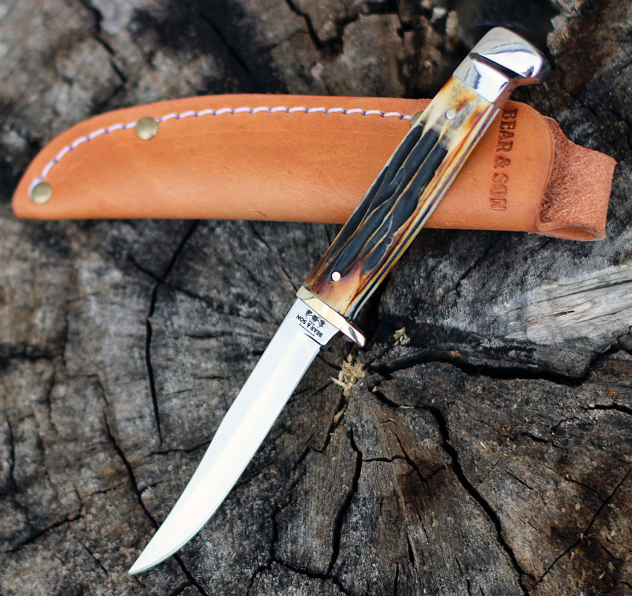 Bear & Son Small Hunter India Stag (BC563) 3" Stainless Steel Mirror Clip Point Plain Blade, India Stag Bone Handle w/ Nickel Guard and Pommel, Brown Leather Belt Sheath