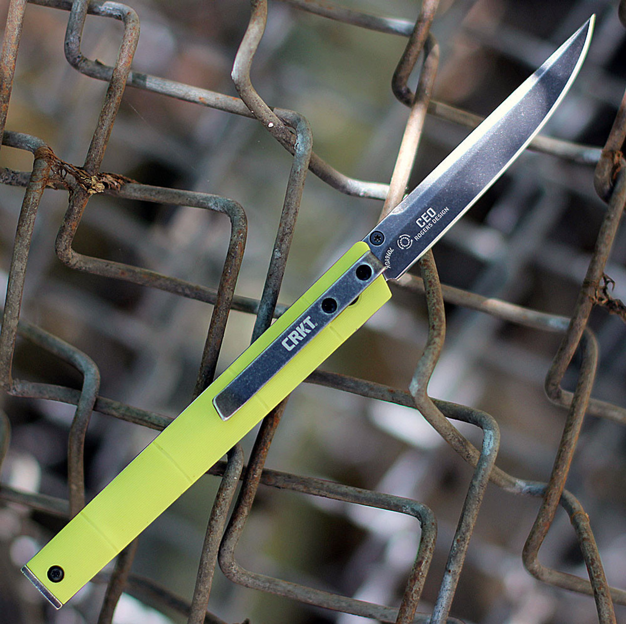 CRKT CEO BAMBOO (CR7096YGK) 3" 8Cr13MoV Blackwashed Straight Back Plain Blade, Yellow Glass Reinforced Nylon Handle