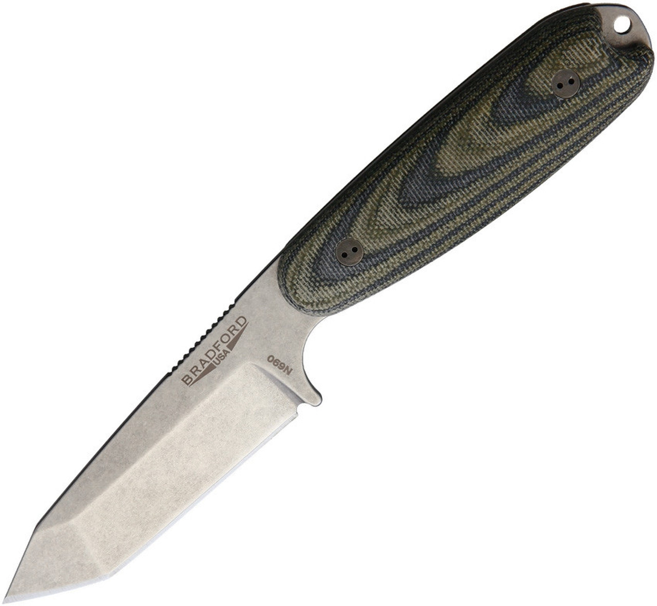 Bradford Guardian 3.5 Tanto Stonewashed N690 Blade, Camo Canvas Micarta Handle w/Brown Leather Sheath
