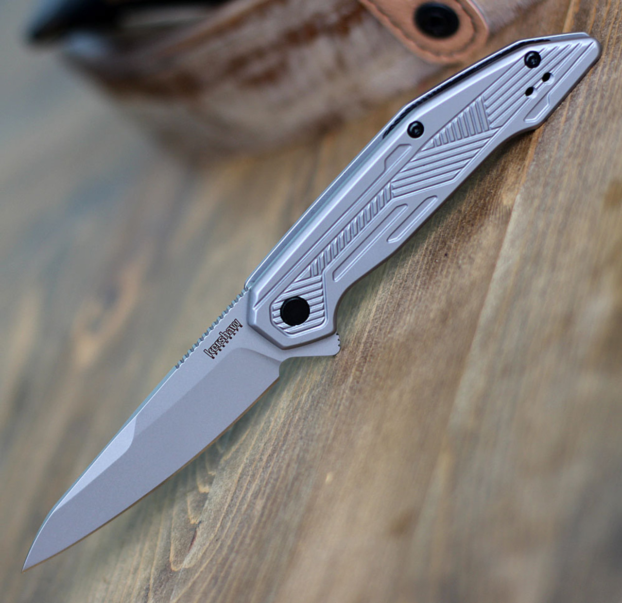 Kershaw Terran Assisted Opening Knife (2080)- 3.125" Stonewashed 8Cr13MoV Drop Point Blade, Stonewashed Stainless Steel Handle