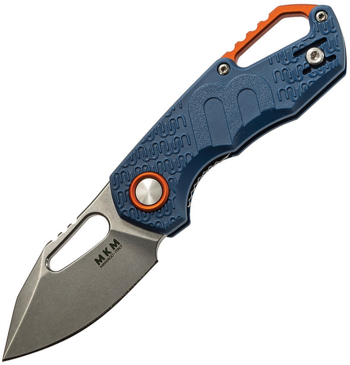 MKM - Maniago Knife Makers Isonzo Stonewashed Clip Point Blade, Blue FRN Handle, Orange Aluminium Spacer