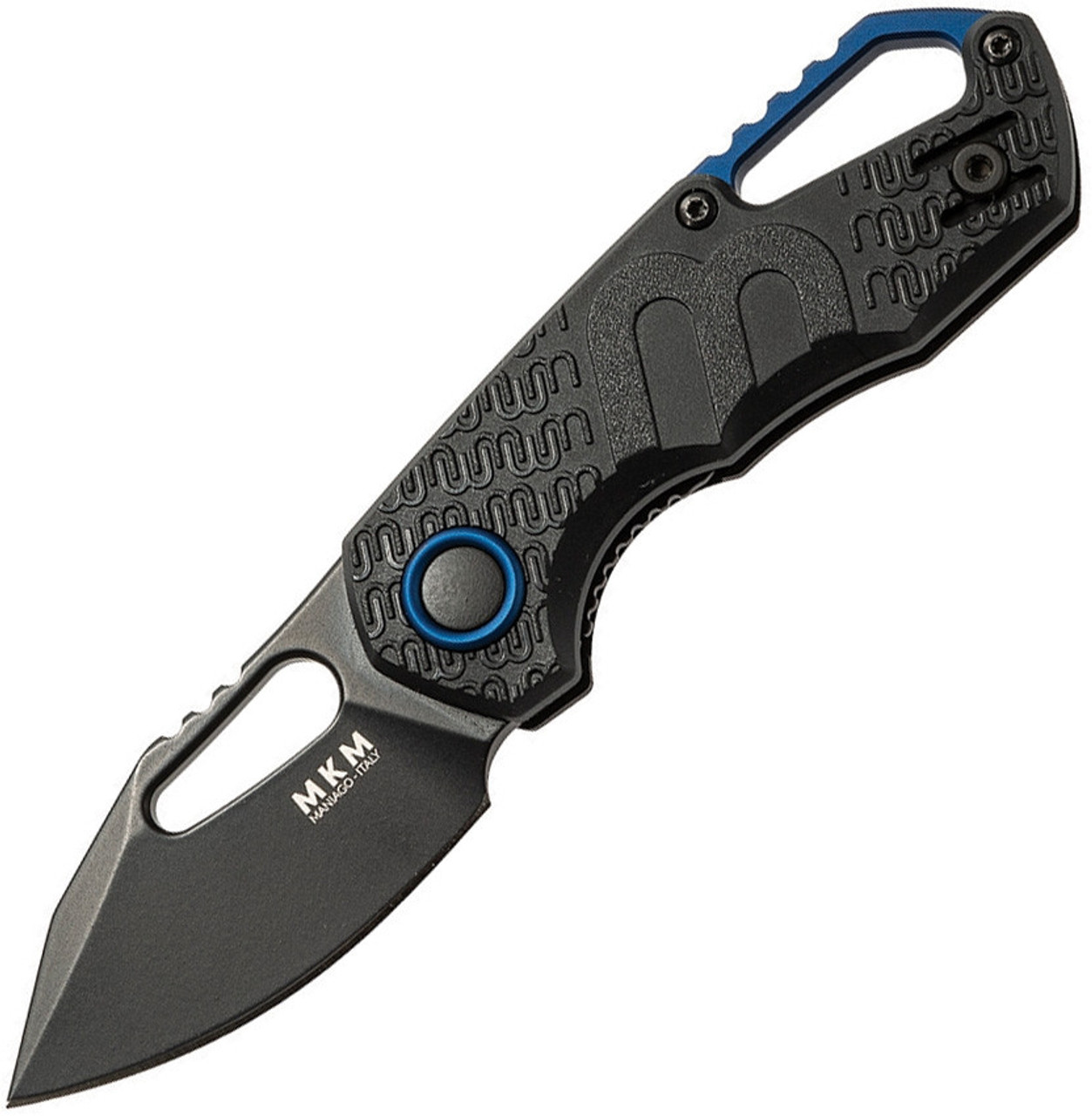 MKM - Maniago Knife Makers Isonzo Black Coated Clip Point Blade, Black FRN Handle, Blue Aluminium Spacer