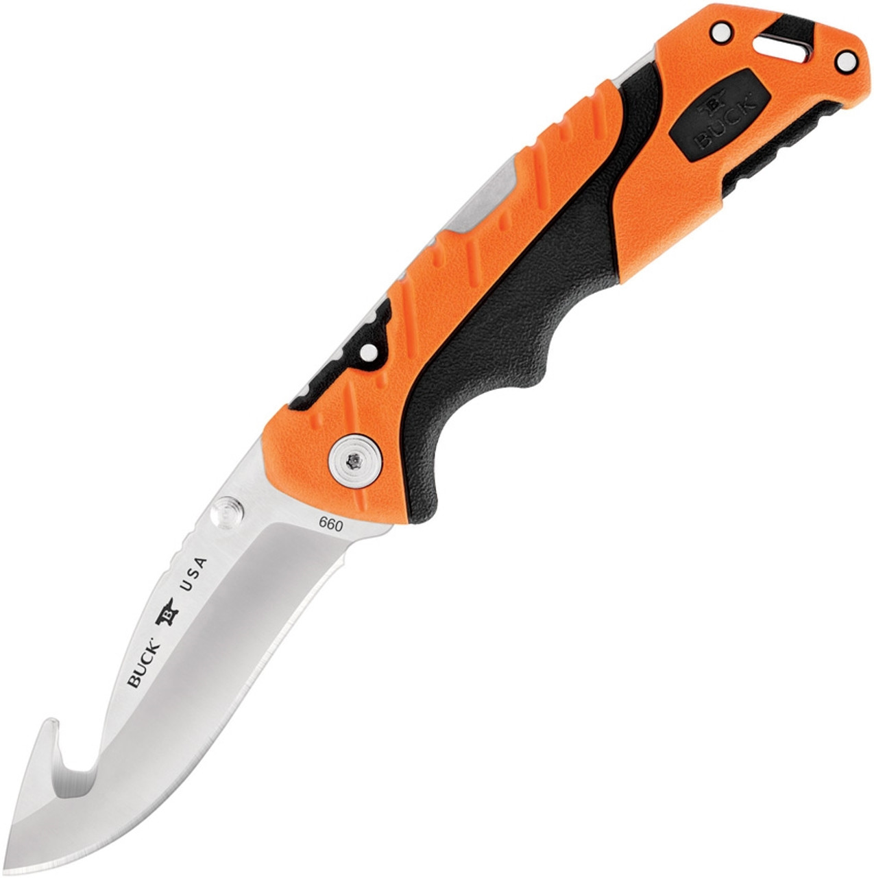 Buck Knives Pursuit Pro Guthook (BU660ORG) 3.5" CPM-S35VN Satin Guthook Plain Blade, Black and Orange Glass Filled Nylon Handle with Versaflex