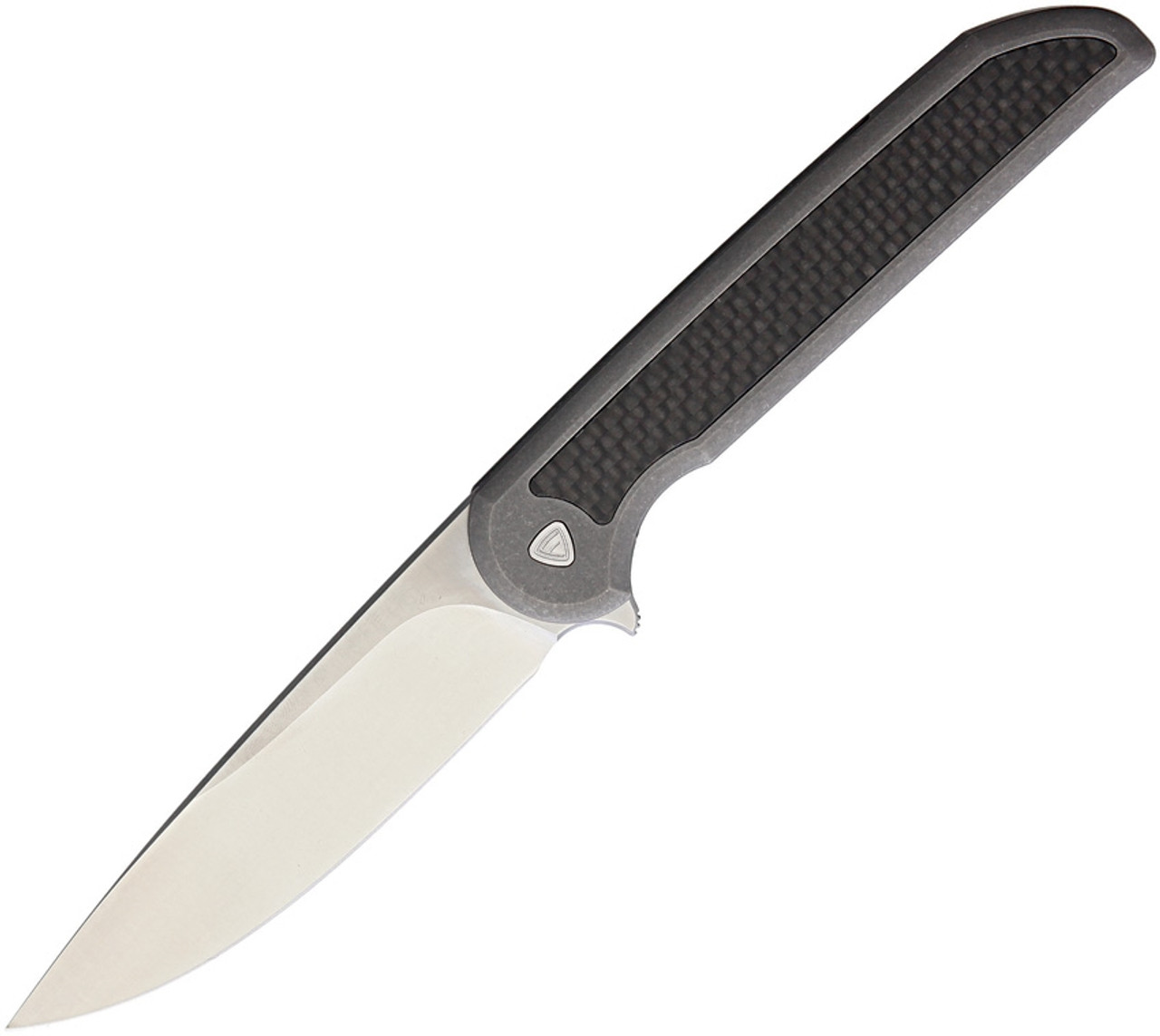 Ferrum Forge Knife Works Exec  Framelock, 4.5" 20CV Satin Plain Blade, Grey 6AI4V Titanium w/ Carbon Fiber Inlay Handle