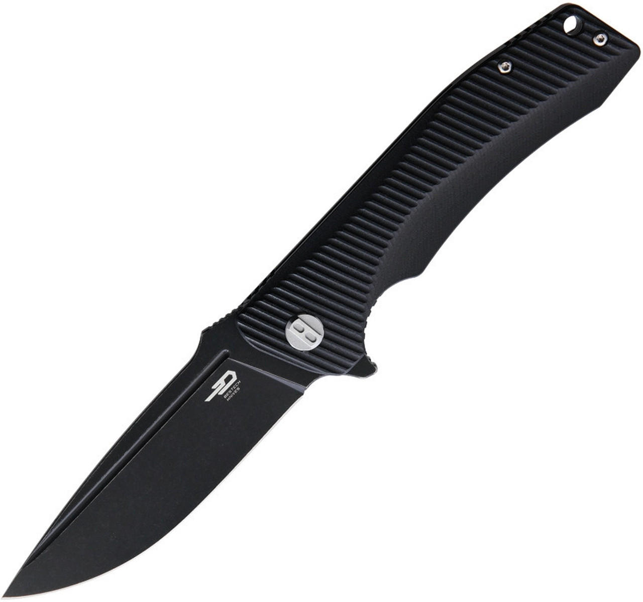 Bestech Mako BG27B Flipper Knife, 3.74" D2 Black Stonewashed Drop Point Blade, Milled Black G-10 Handle