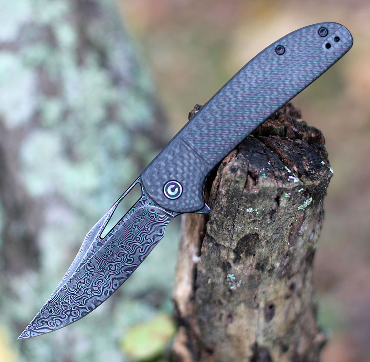 CIVIVI Ortis Folding Knife (C2013DDS-1)-3.25" Damascus Clip Point Blade, Black Twill Carbon Fiber Handle