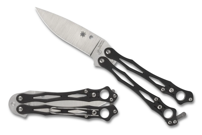 Spyderco SmallFly 2 B02G2 butterfly knife with Black G-10 handles.