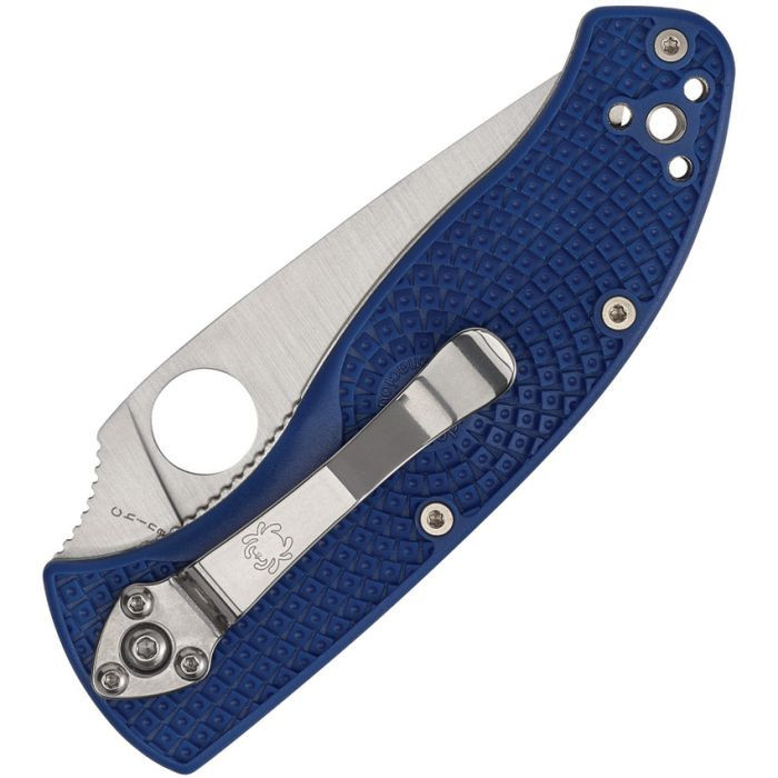 Blue Spyderco Tenacious S35VN in open position showing the American-made steel mark.