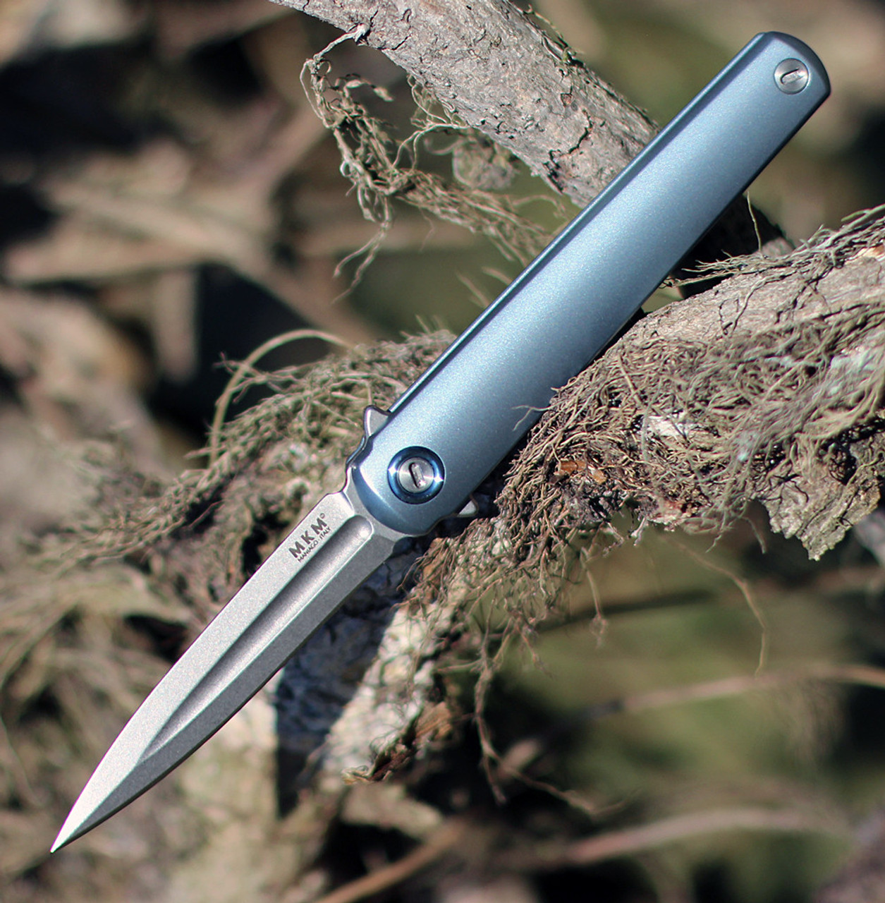 MKM - Maniago Knife Makers, Zieba Flame Flipper, FL02-TBSW, 2.9" Stonewashed Dagger, Blue Titanium, Handle