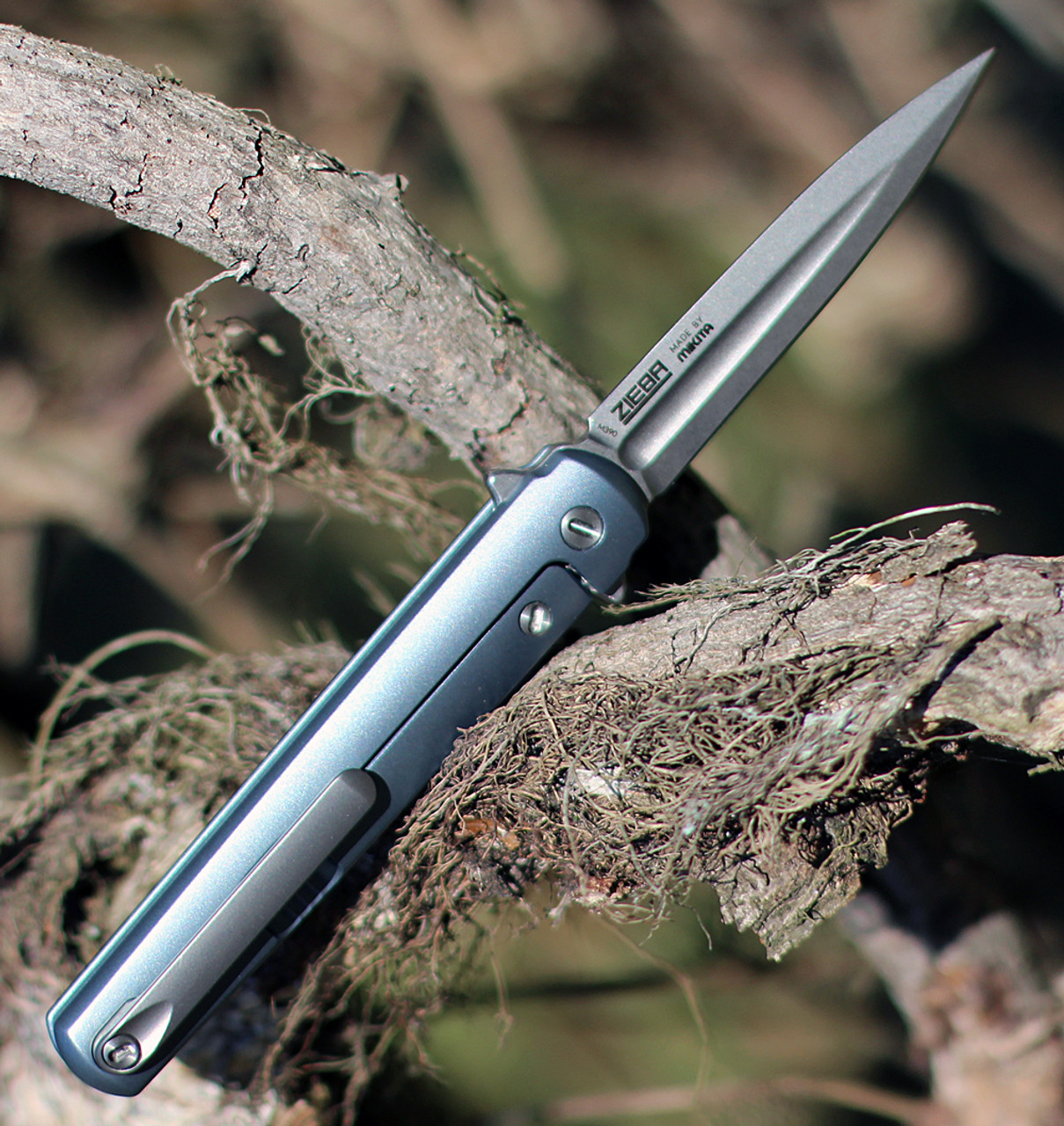 MKM - Maniago Knife Makers, Zieba Flame Flipper, FL02-TBSW, 2.9" Stonewashed Dagger, Blue Titanium, Handle