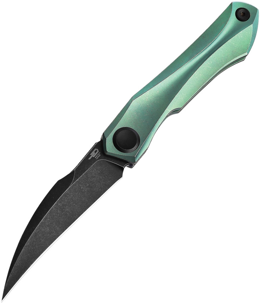 Bestech Knives Ivy Flipper, BT2004E, 3" S35VN Black Stonewashed Hawkbill Blade, Green Titanium Handles