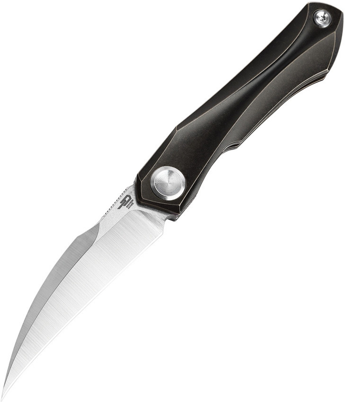 Bestech Knives Ivy BT2004A Flipper Knife, 3" S35VN Satin Hawkbill Blade, Black Titanium Handles