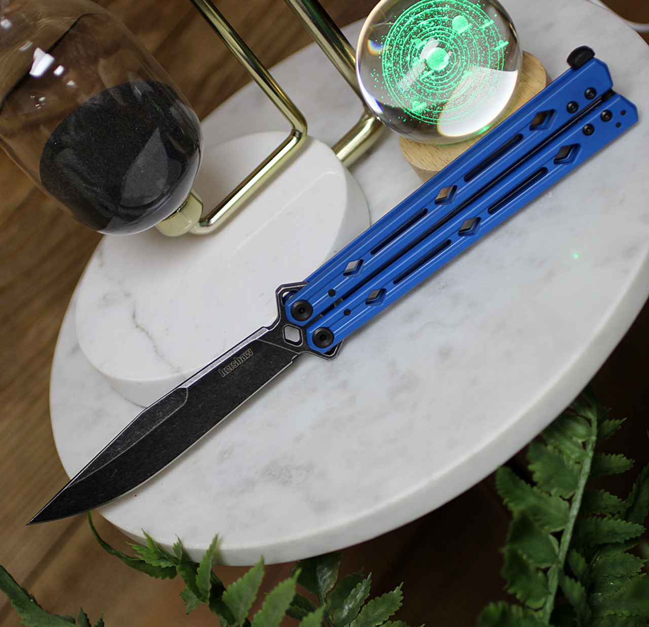 Kershaw Lucha Butterfly Knife (5150BLUBW)- 4.6" Blackwashed 14C28N Drop Point Blade, Blue Stainless Steel Handle