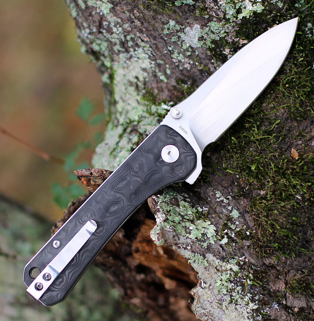 QSP Knife Hawk (QS131C) 3.25" CPM S35VN Satin Drop Point Plain Blade, Black Marble Carbon Fiber Handle
