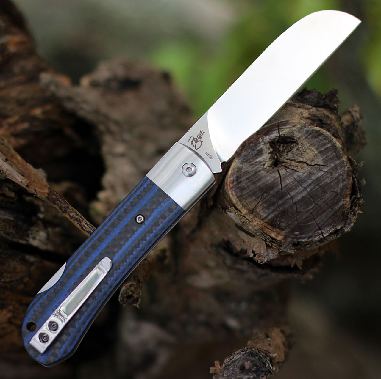 QSP Knife Worker (QS128D) 3.5" Bohler N690 Satin Sheepsfoot Plain Blade, Blue G-10 w/ Carbon Fiber Handle