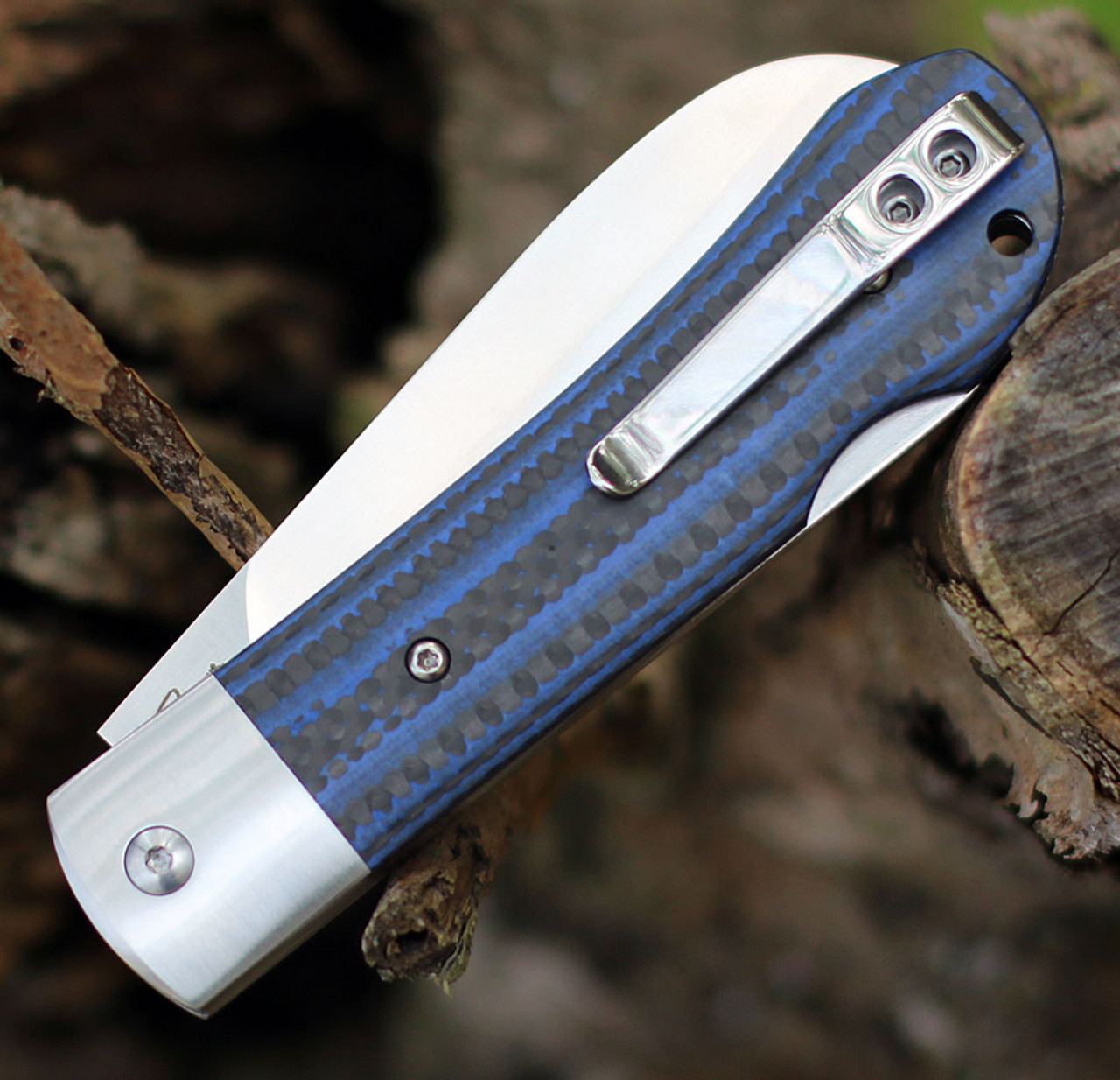 QSP Knife Worker (QS128D) 3.5" Bohler N690 Satin Sheepsfoot Plain Blade, Blue G-10 w/ Carbon Fiber Handle