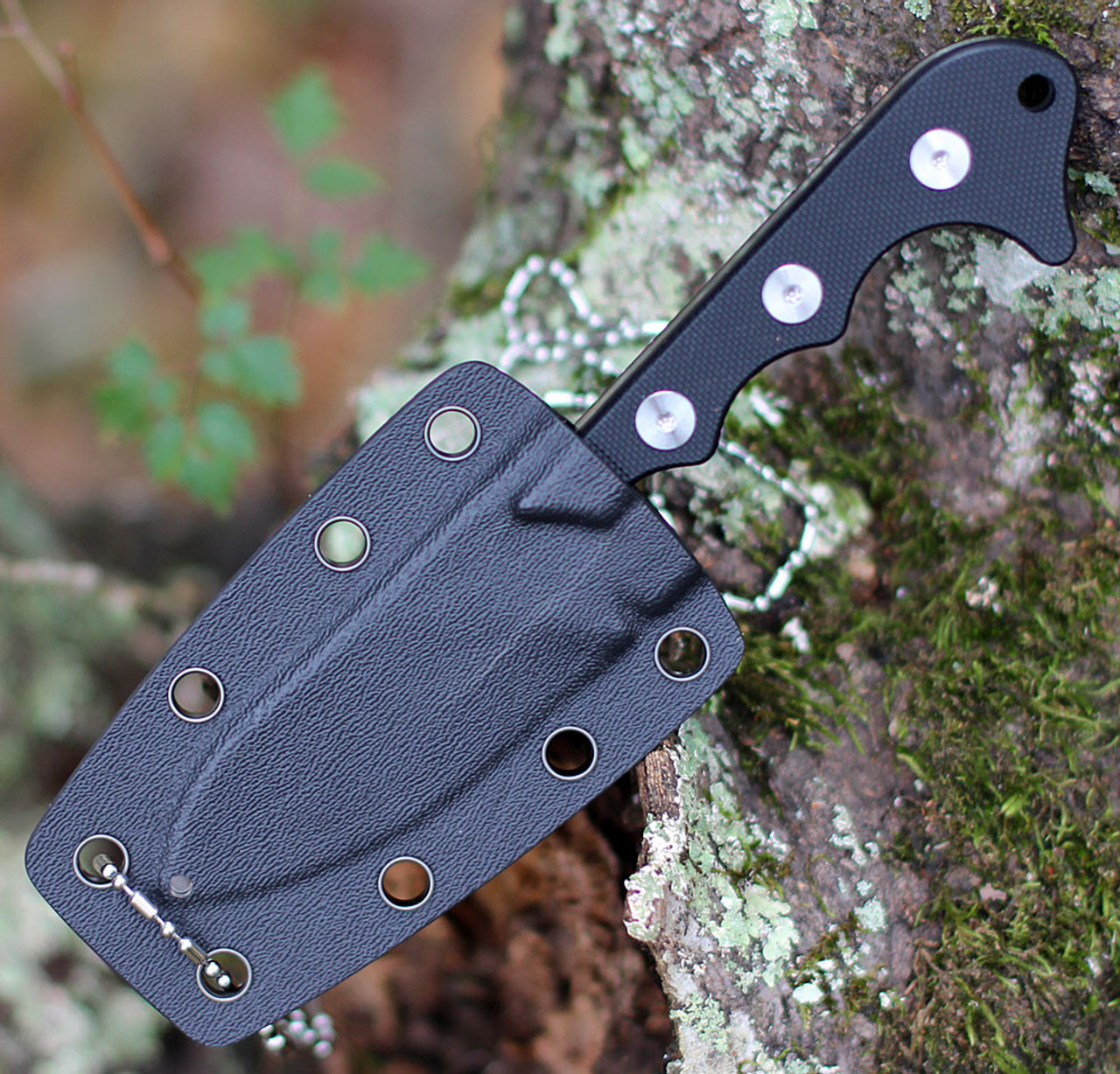 QSP Knife Neckmuk (QS125A) 2.875" D2 Satin Drop Point Plain Blade, Black G-10 Handle, Black Kydex Sheath