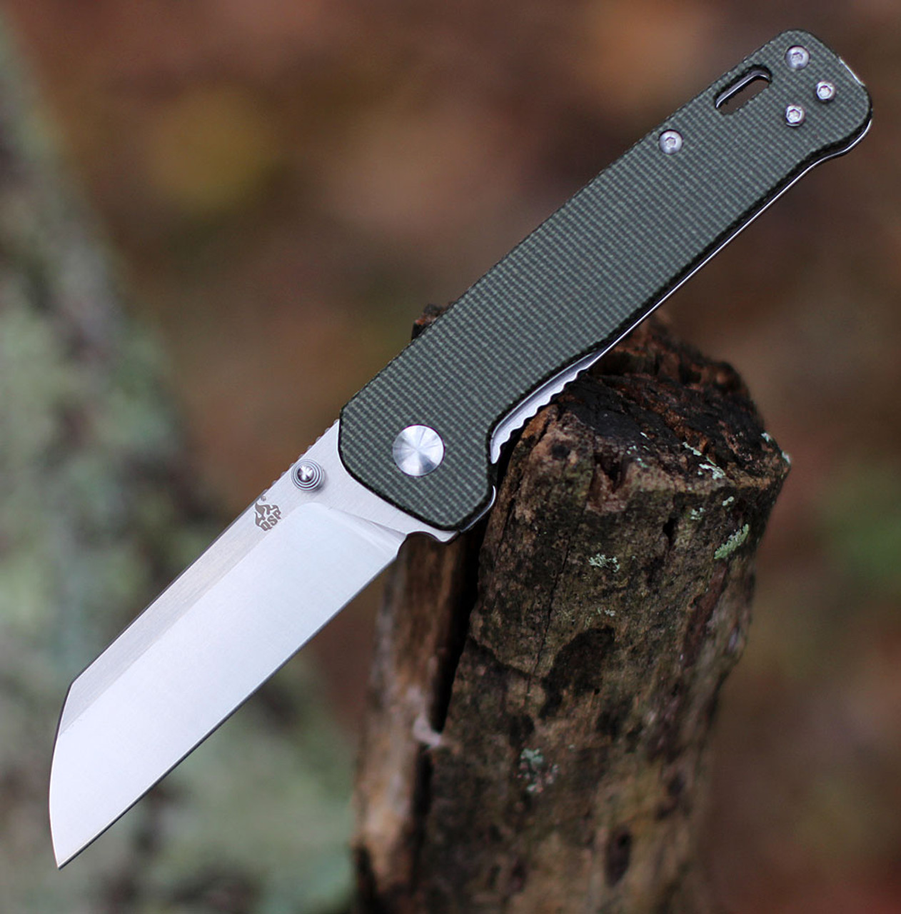 QSP Knife Penguin Linerlock  QS130-C, 3" D2 Satin Sheepsfoot Plain Blade, Green Linen Micarta Handle