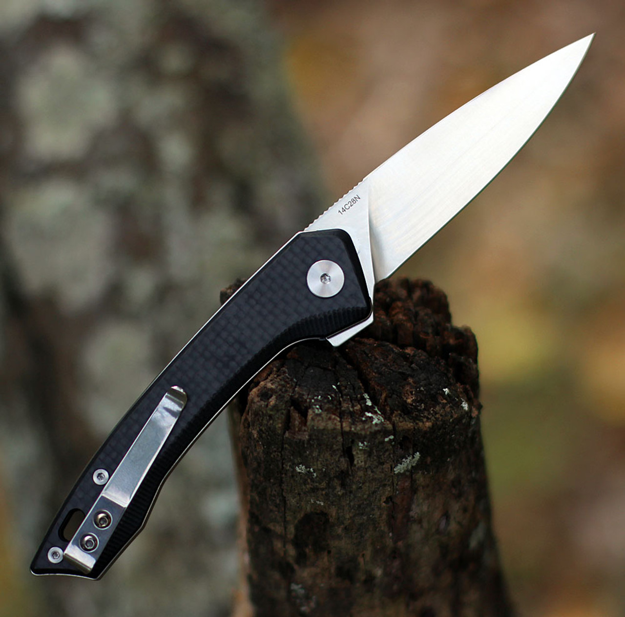QSP Knife Leopard (QS135A) 3.25" 14C28N Satin Spear Point Plain Blade, Black G-10 Handle