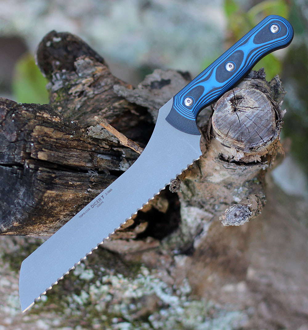 Tops Knives Dicer 7 Bread Knife DCR7-01, 7.63" CPM S35VN Tumble Blade, Blue/Black G10 Handle