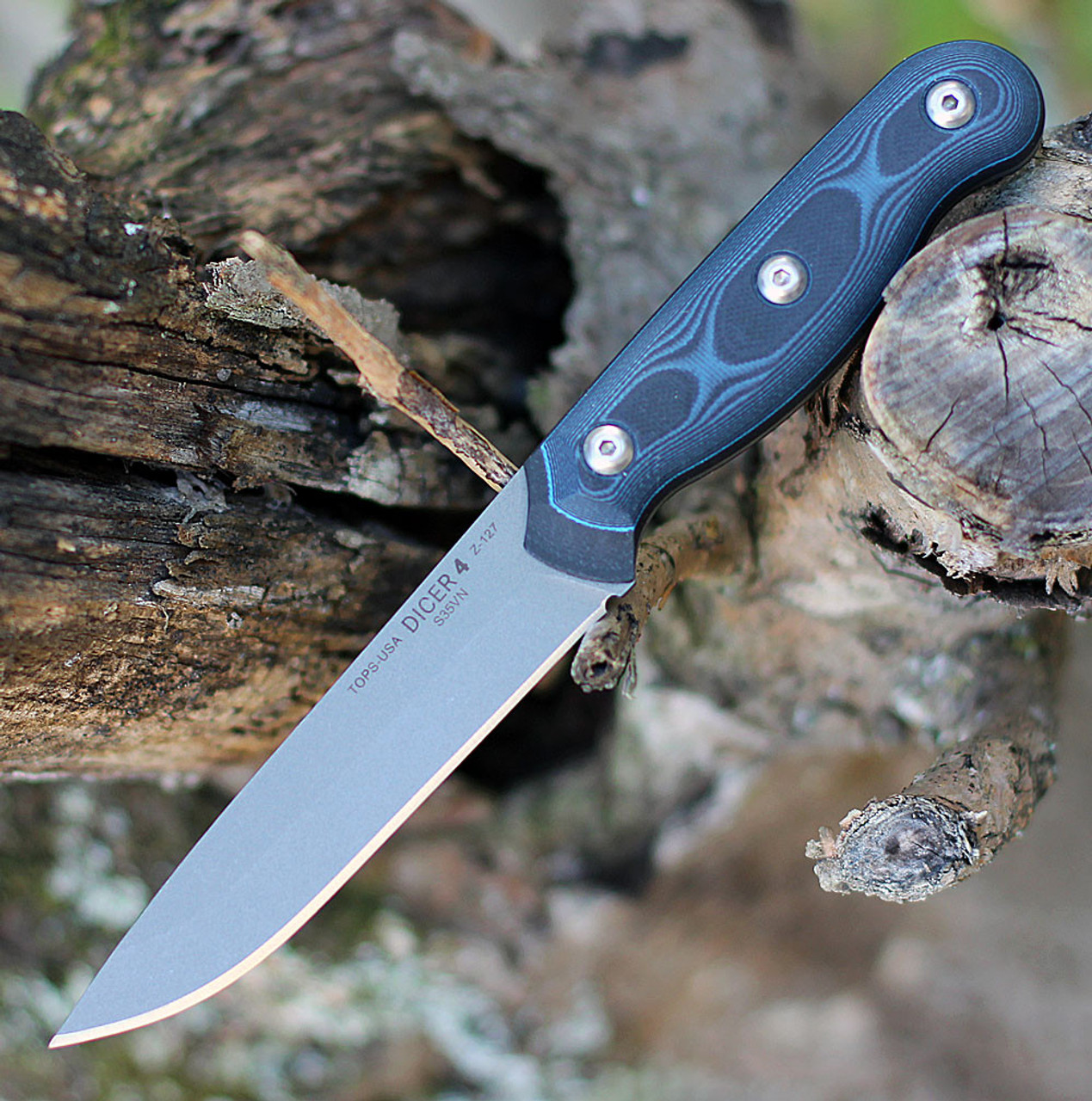 Tops Knives Dicer 4 Steak Knife DCR4-01, 4.38" CPM S35VN Tumble Blade, Blue/Black G10 Handle