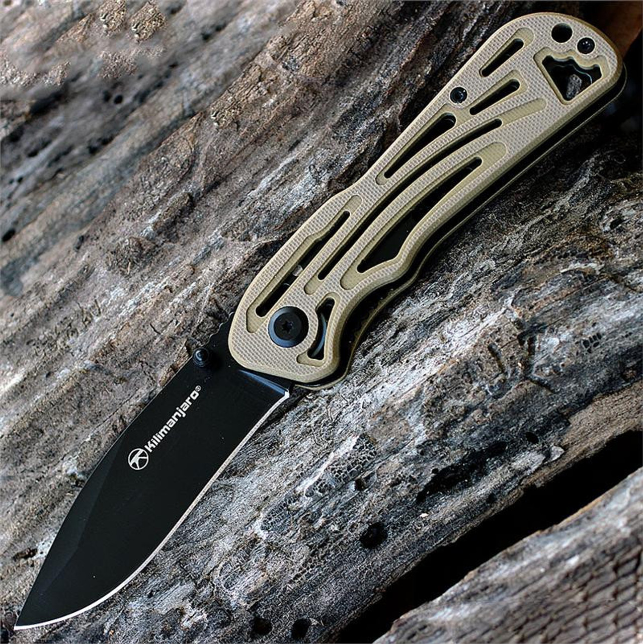 Kilimanjaro, 910022, Caula folder, 3.4 in. Drop Point Black Satin Blade, Tan Handle