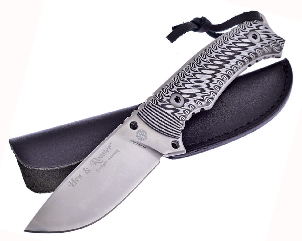 Hen & Rooster, 4" Satin Stainless Steel Fixed Blade, Black & White G-10 Textured Handle w/Black Leather Sheath