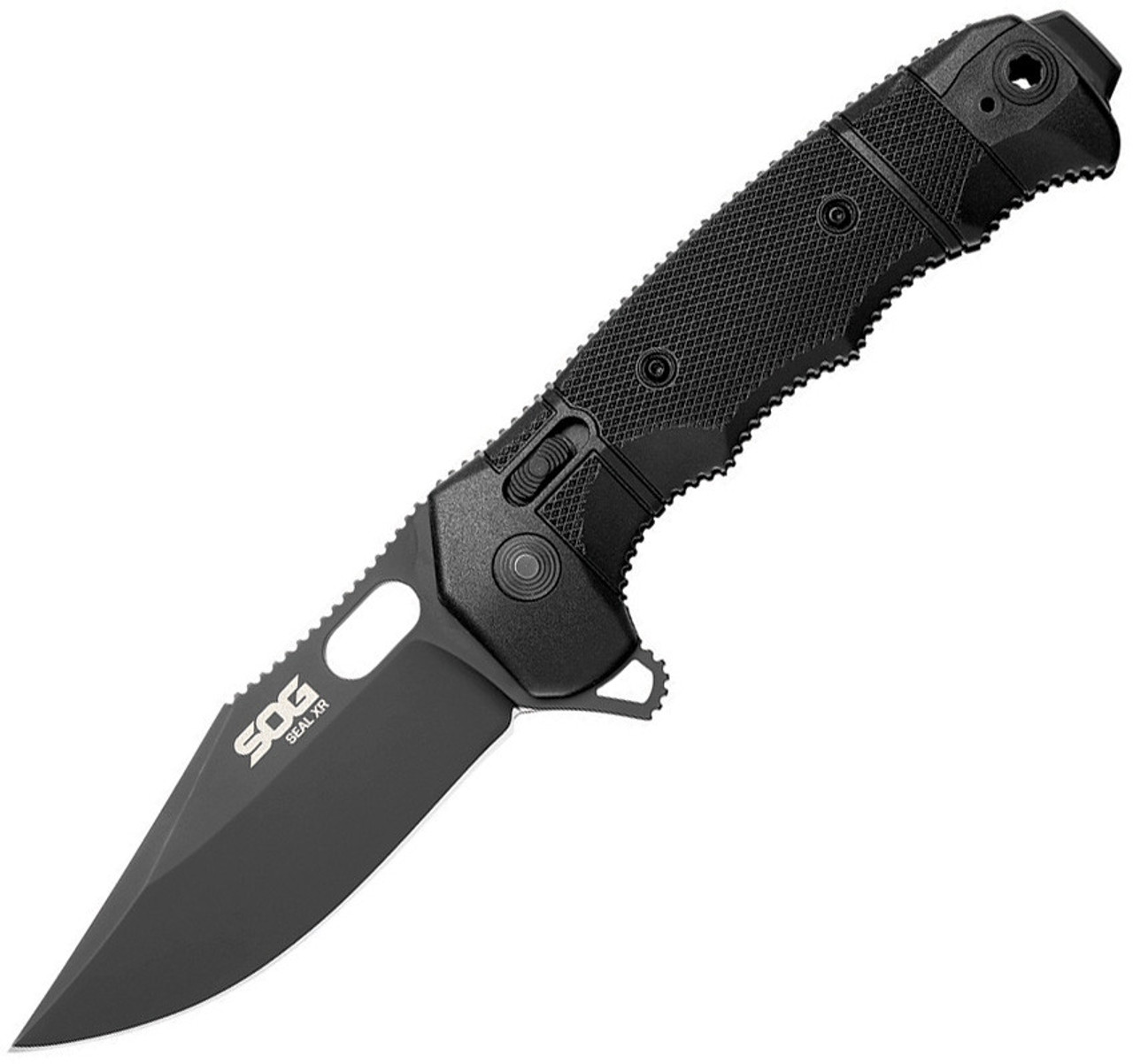 SOG Seal XR Clip Point 12-21-02-57, 3.9" S35VN Black Cerakote Plain Blade, Black GRN Handle