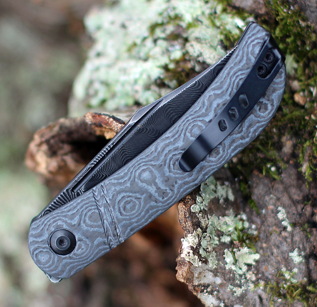 CIVIVI Appalachian Drifter Folding Knife (C2015DS-1)- 2.96" Damascus Clip Point Blade, Black G-10 and Rose Pattern Carbon Fiber Handle