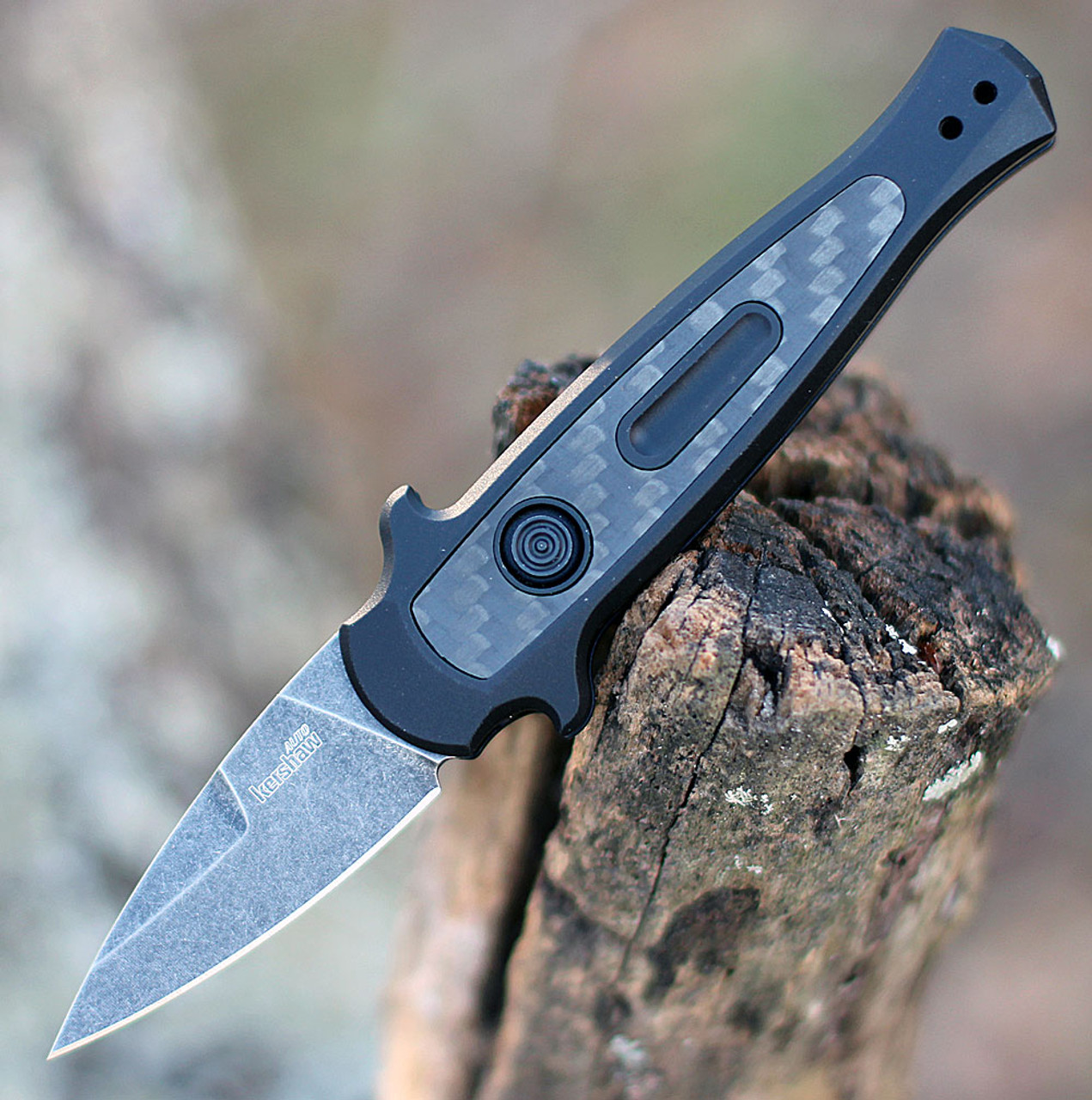 Kershaw Launch 12 CA Legal Automatic Knife (7130BLKBW)- 1.90" Blackwashed CPM-154 Spear Point Blade, Black Aluminum w/ Carbon Fiber Inlay