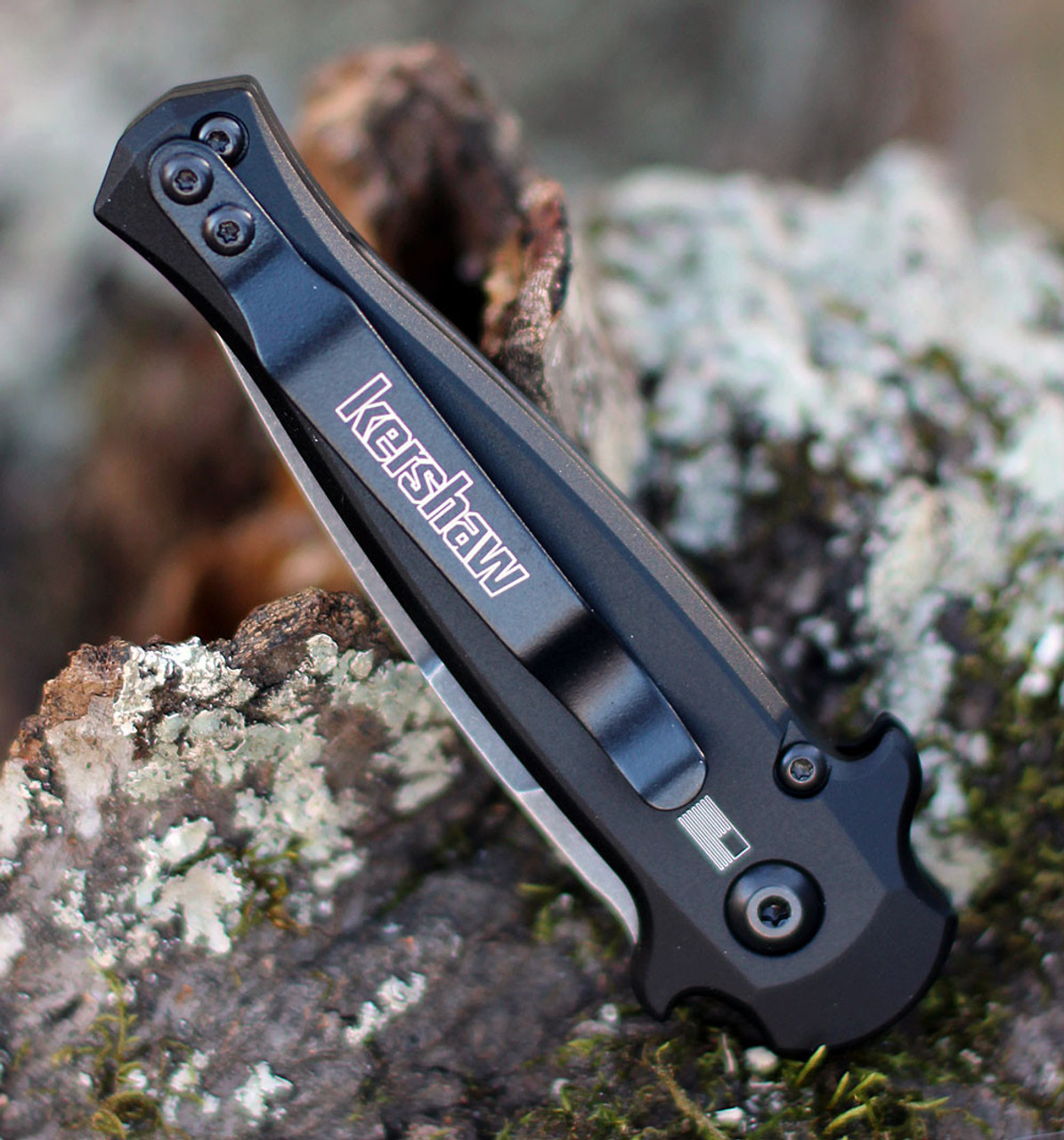 Kershaw Launch 12 Mini Stiletto Automatic Knife (7125BLKBW)- 2.40" Blackwashed CPM-154 Spear Point Blade, Black Aluminum w/ Carbon Fiber Inlay Handle