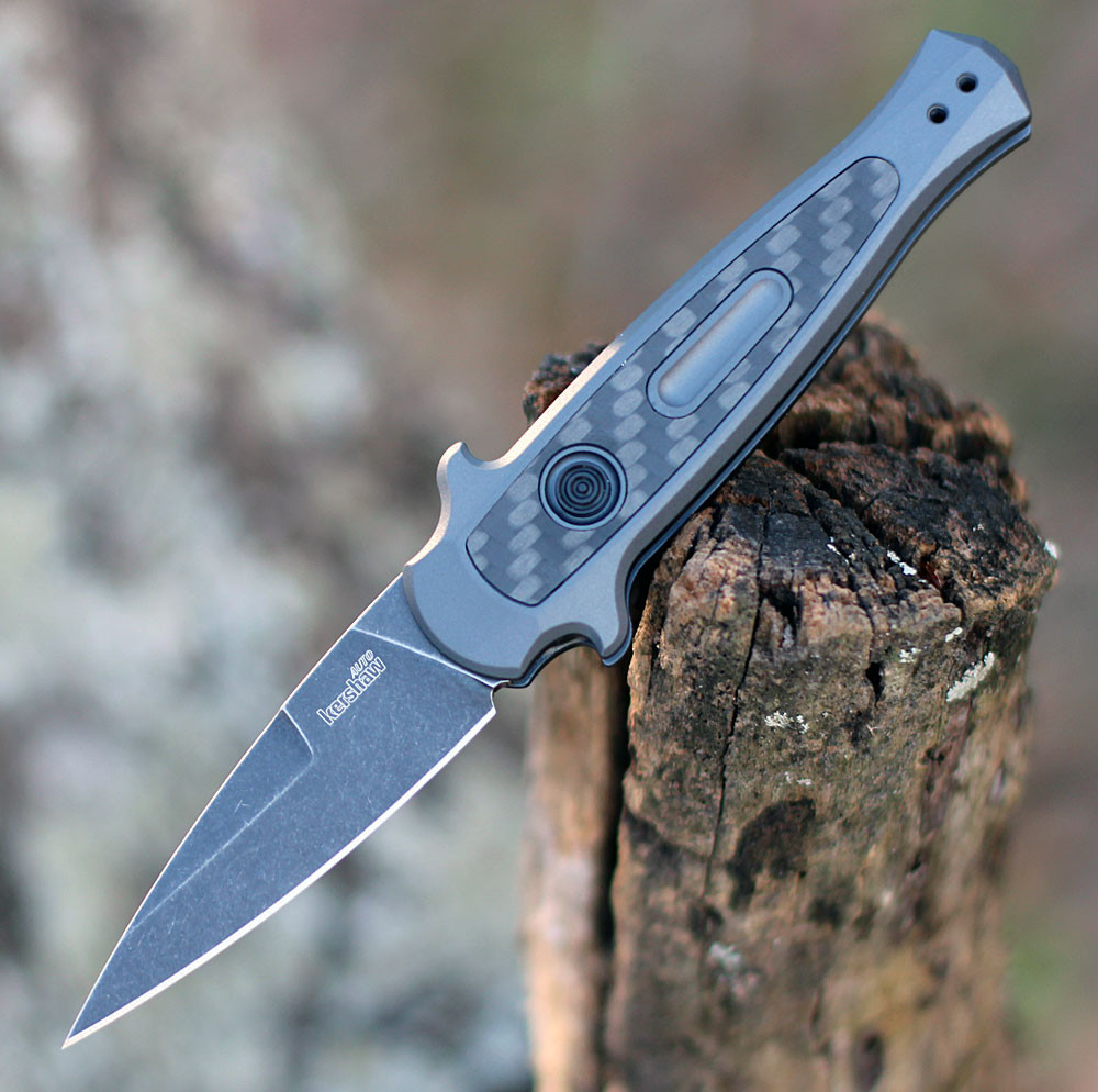 Kershaw Launch 12 7125GRYBW mini stiletto automatic knife profile view showing 2.4 inch BlackWash spear point blade.
