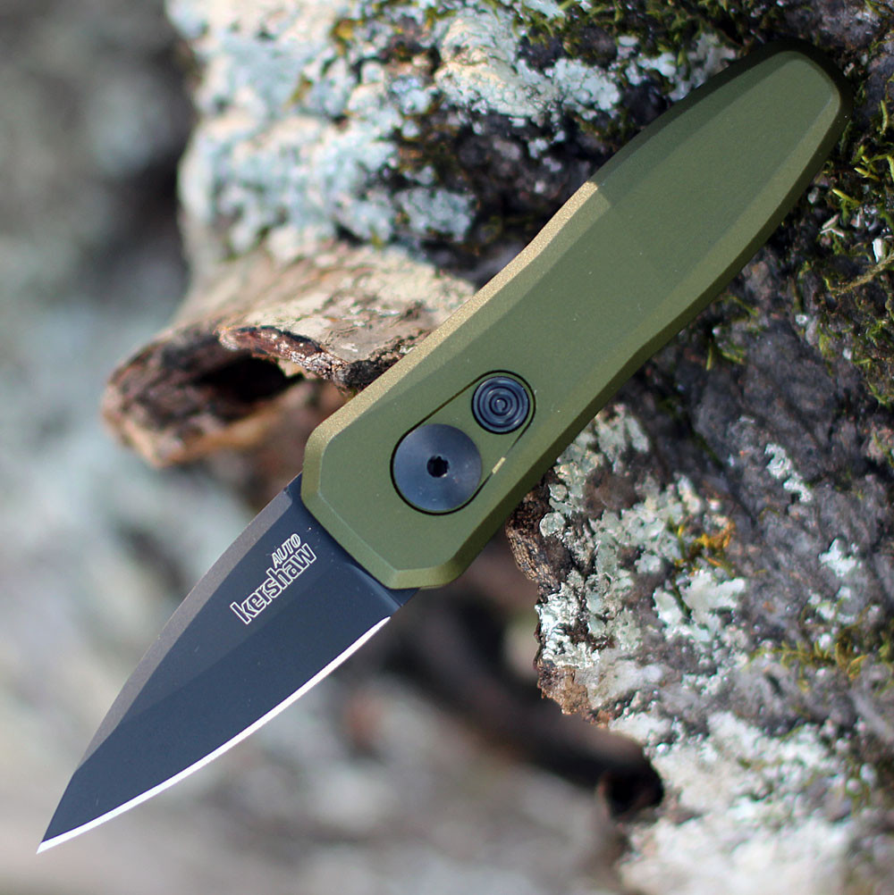 Kershaw Launch 4 7500OLBLK automatic knife profile view showing 1.9 inch black spear point blade and OD green handle.