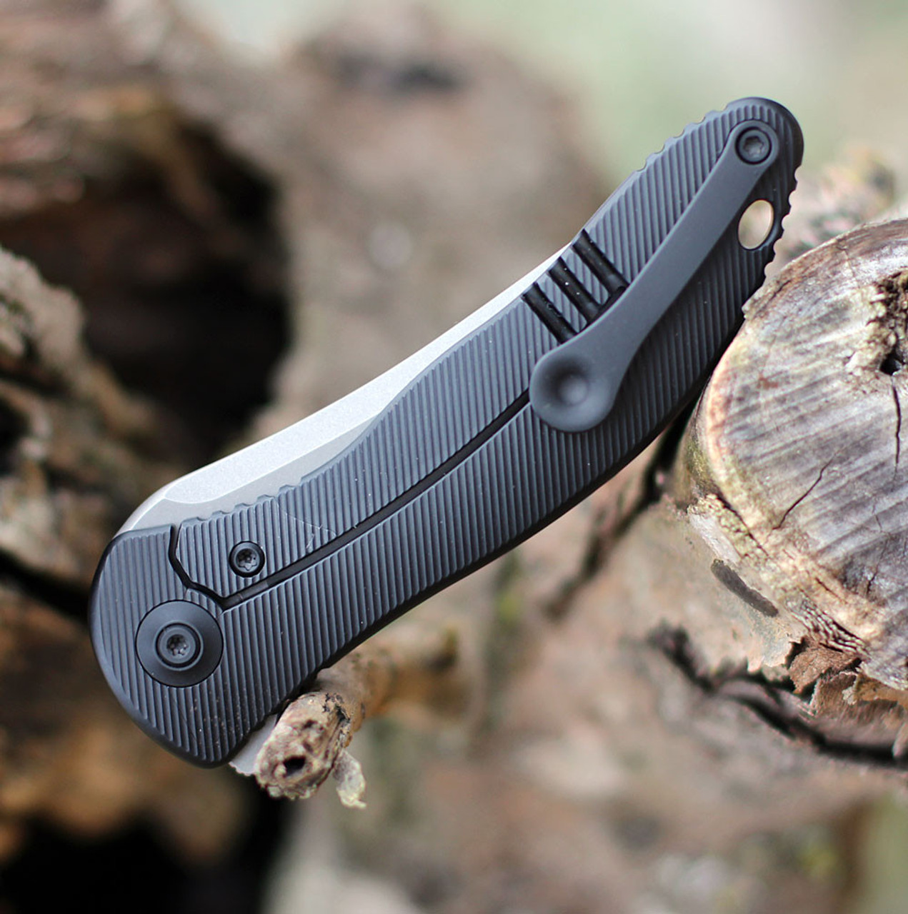 We Knife Mini Synergy 2011B, 2.93" CPM 20CV Stonewashed Blade, Black 6AL4V Titanium Handle