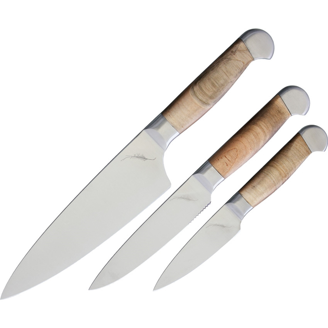 Ferrum Estate 3pc Kitchen Set, American Steel Full Tang Blades, Maple Wood Handles