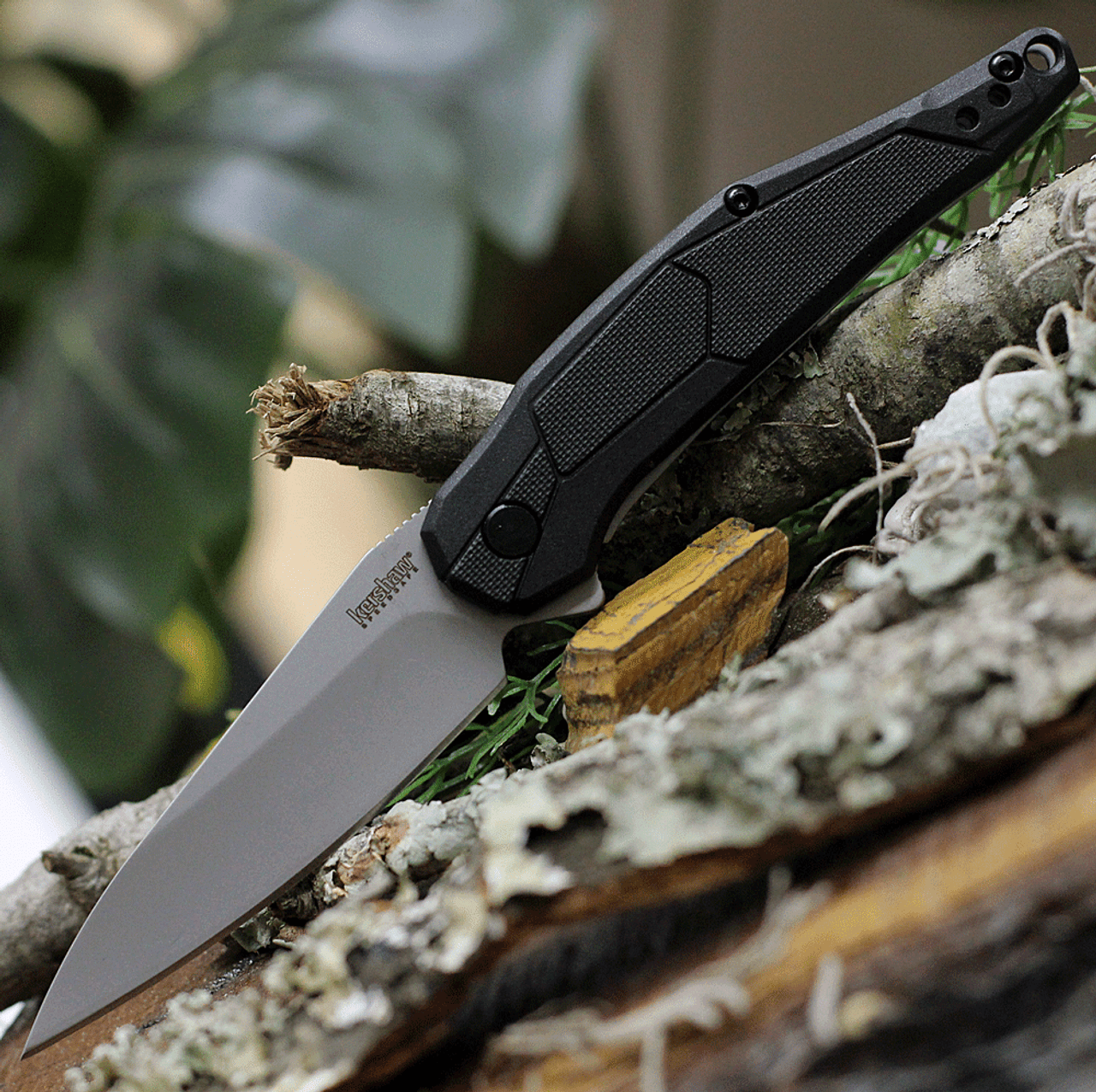 Kershaw Lightyear Assisted Opening Knife (1395)- 3.125" Stonewashed 5Cr15MoV Spear Point Blade, Black GFN Handle