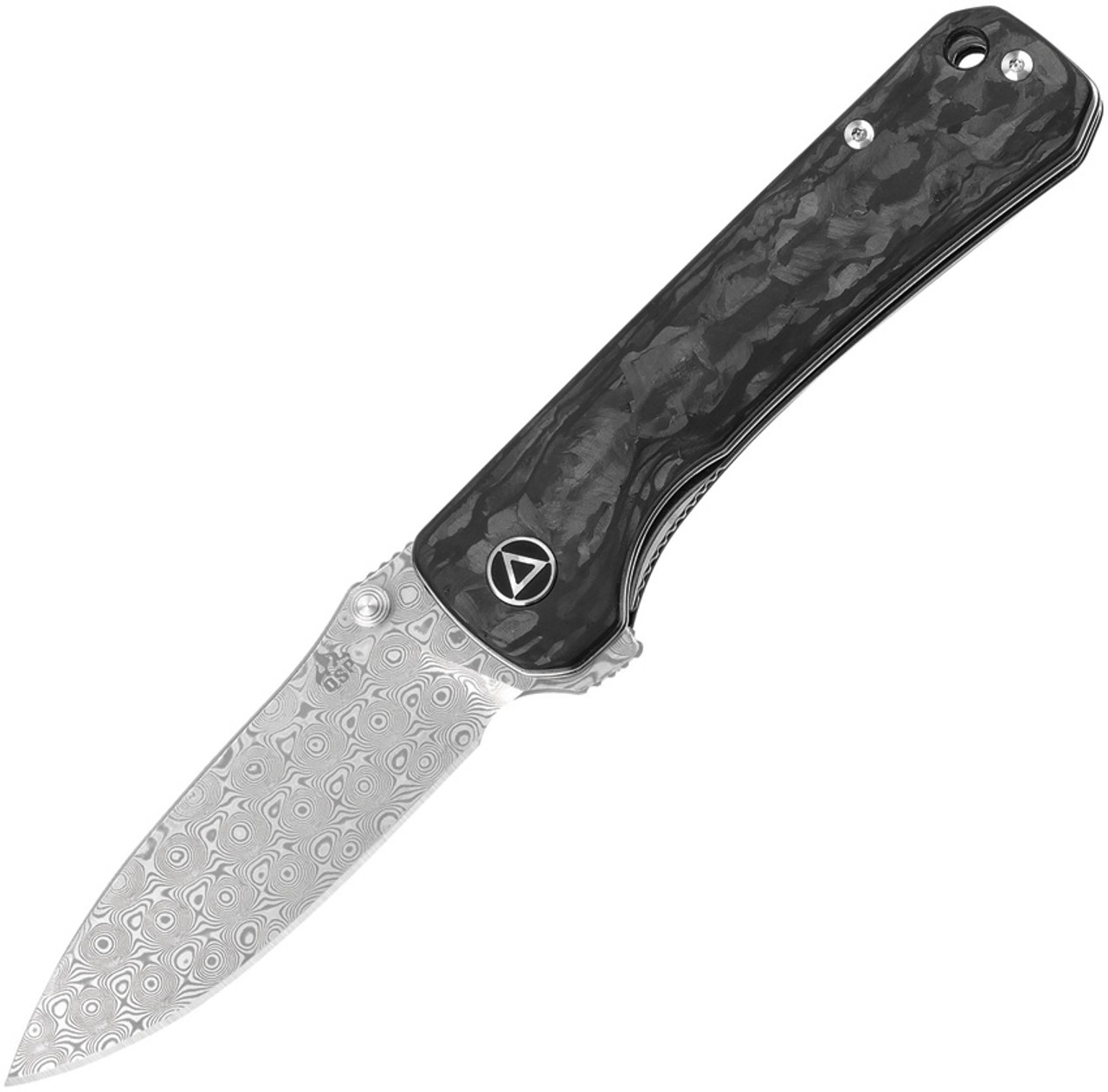 QSP Knife Hawk (QS131E) 3.25" Laminated Damascus Satin Drop Point Plain Blade, Black Shredded Carbon Fiber Handle