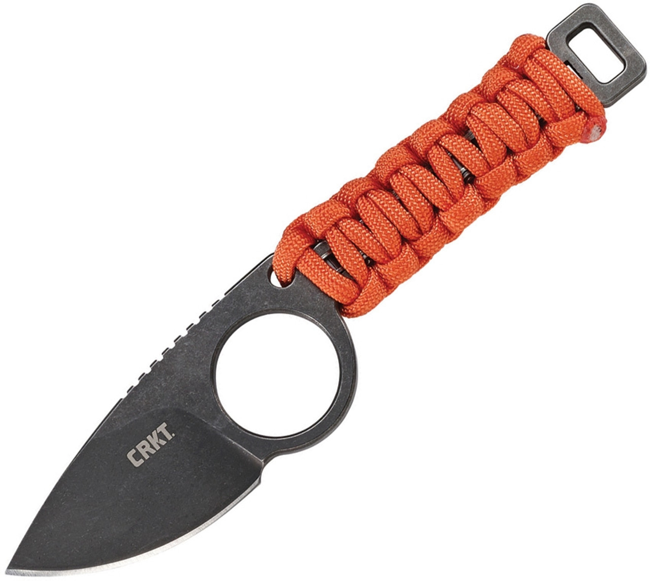 CRKT Tailbone (CR2415) 2.13" 8Cr13MoV Blackwashed Drop Point Plain Blade, Orange Paracord Wrapped Handle, Black Thermoplastic Neck Sheath