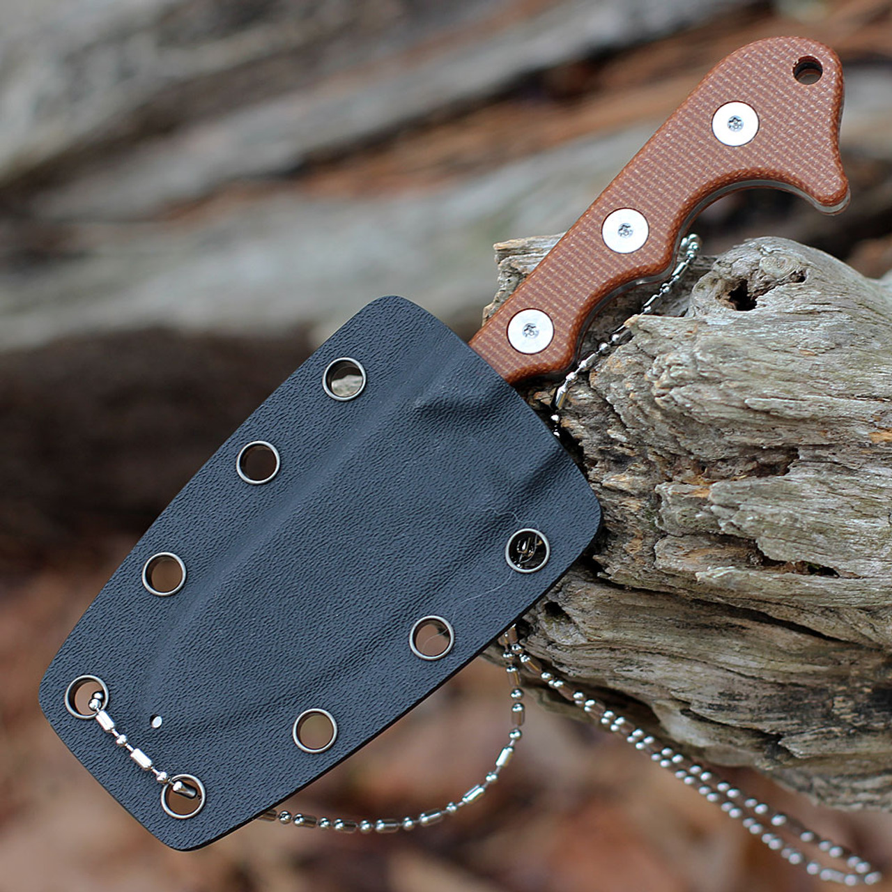 QSP Knife Neckmuk Neck Knife (QS125E) 2.875" D2 Sheepsfoot Plain Blade, Brown Linen Micarta Handle, Black Kydex Sheath