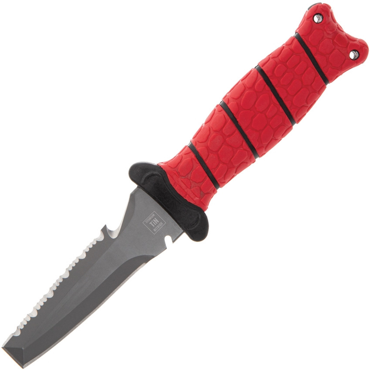 Bubba Blade Blunt Scout Dive Knife, 1107809, 4" Gray Double Edge Combo Blade, Red TPR Handle, Polymer Sheath